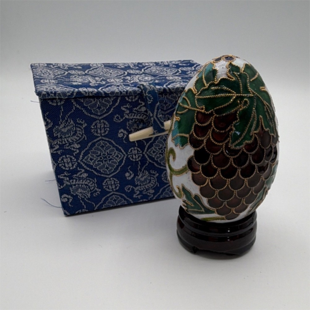 Vintage Style Cloisonne Enamel Egg Grapes Design W Stand Box Certificate Decor